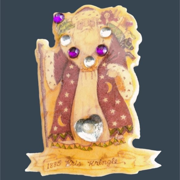 Kris Kringle Christmas Pin Brooch Vtg signed Bejeweled Handcrafted Copper Resin - Picture 1 of 7